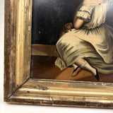 Blushing Young Woman in White with Tiny Dog, Marvelous Early 19th Century Painting on Tin