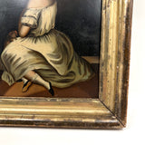 Blushing Young Woman in White with Tiny Dog, Marvelous Early 19th Century Painting on Tin