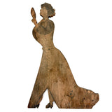 Woman Holding Mirror with Dog and Cat Drawn on Skirt, Wonderful Old Folk Art Wooden Cutout