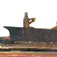 Arctic Boats with Carved Figures and Moss Covered Shore, C. 1920s-30s Diorama in Handmade Wood and Glass Vitrine