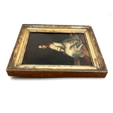 Blushing Young Woman in White with Tiny Dog, Marvelous Early 19th Century Painting on Tin