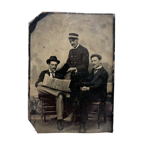 Three Men, One Reading Newspaper, Unusual Antique Sixth Plate Tintype
