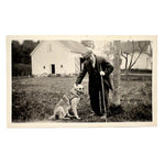 Quizzical Older Man with German Shepherd and Tall Stick, Vintage Velox Snapshot