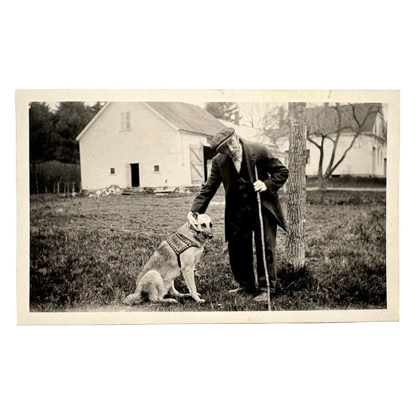 Quizzical Older Man with German Shepherd and Tall Stick, Vintage Velox Snapshot