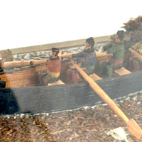 Arctic Boats with Carved Figures and Moss Covered Shore, C. 1920s-30s Diorama in Handmade Wood and Glass Vitrine