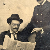 Three Men, One Reading Newspaper, Unusual Antique Sixth Plate Tintype