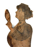 Woman Holding Mirror with Dog and Cat Drawn on Skirt, Wonderful Old Folk Art Wooden Cutout