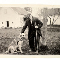 Quizzical Older Man with German Shepherd and Tall Stick, Vintage Velox Snapshot