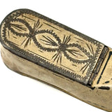 19th Century Tole Snuff Box/Vesta Shoe, Hand Engraved with Best Red Soles!
