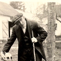 Quizzical Older Man with German Shepherd and Tall Stick, Vintage Velox Snapshot