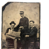 Three Men, One Reading Newspaper, Unusual Antique Sixth Plate Tintype
