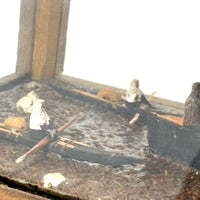 Arctic Boats with Carved Figures and Moss Covered Shore, C. 1920s-30s Diorama in Handmade Wood and Glass Vitrine