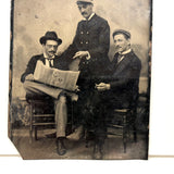 Three Men, One Reading Newspaper, Unusual Antique Sixth Plate Tintype