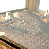 Arctic Boats with Carved Figures and Moss Covered Shore, C. 1920s-30s Diorama in Handmade Wood and Glass Vitrine
