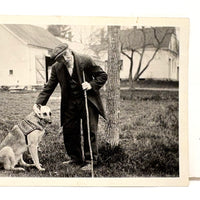 Quizzical Older Man with German Shepherd and Tall Stick, Vintage Velox Snapshot