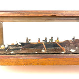Arctic Boats with Carved Figures and Moss Covered Shore, C. 1920s-30s Diorama in Handmade Wood and Glass Vitrine