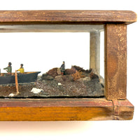 Arctic Boats with Carved Figures and Moss Covered Shore, C. 1920s-30s Diorama in Handmade Wood and Glass Vitrine
