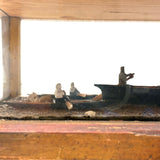 Arctic Boats with Carved Figures and Moss Covered Shore, C. 1920s-30s Diorama in Handmade Wood and Glass Vitrine