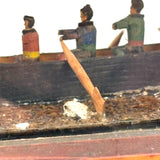 Arctic Boats with Carved Figures and Moss Covered Shore, C. 1920s-30s Diorama in Handmade Wood and Glass Vitrine