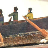 Arctic Boats with Carved Figures and Moss Covered Shore, C. 1920s-30s Diorama in Handmade Wood and Glass Vitrine