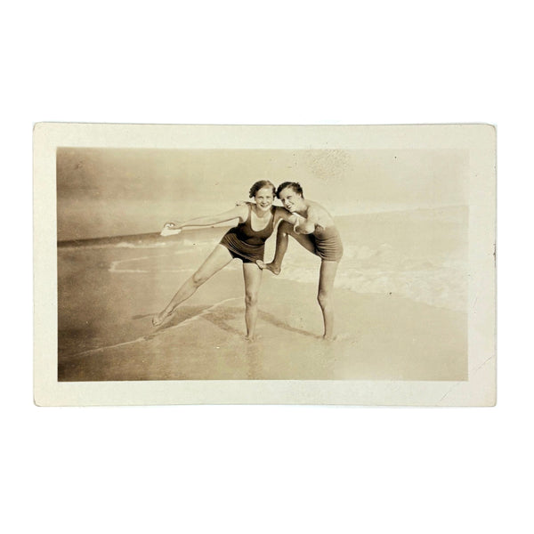 Friends on Beach with Shell in Hand, Ethereal Old Glossy Snapshot