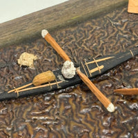 Arctic Boats with Carved Figures and Moss Covered Shore, C. 1920s-30s Diorama in Handmade Wood and Glass Vitrine