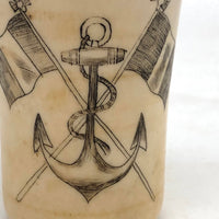 19th C. Scrimshawed Bone Cup, Anchor and Flags