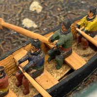 Arctic Boats with Carved Figures and Moss Covered Shore, C. 1920s-30s Diorama in Handmade Wood and Glass Vitrine