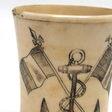 19th C. Scrimshawed Bone Cup, Anchor and Flags