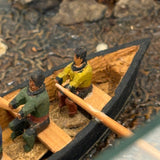 Arctic Boats with Carved Figures and Moss Covered Shore, C. 1920s-30s Diorama in Handmade Wood and Glass Vitrine