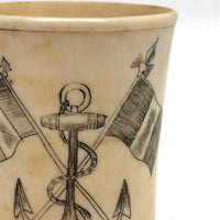 19th C. Scrimshawed Bone Cup, Anchor and Flags