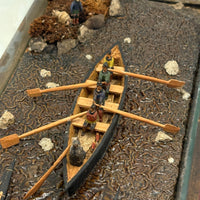 Arctic Boats with Carved Figures and Moss Covered Shore, C. 1920s-30s Diorama in Handmade Wood and Glass Vitrine