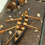 Arctic Boats with Carved Figures and Moss Covered Shore, C. 1920s-30s Diorama in Handmade Wood and Glass Vitrine