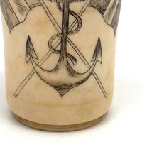 19th C. Scrimshawed Bone Cup, Anchor and Flags