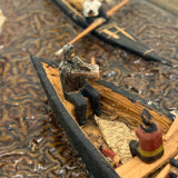Arctic Boats with Carved Figures and Moss Covered Shore, C. 1920s-30s Diorama in Handmade Wood and Glass Vitrine