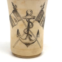 19th C. Scrimshawed Bone Cup, Anchor and Flags