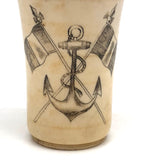 19th C. Scrimshawed Bone Cup, Anchor and Flags