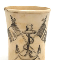 19th C. Scrimshawed Bone Cup, Anchor and Flags