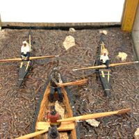Arctic Boats with Carved Figures and Moss Covered Shore, C. 1920s-30s Diorama in Handmade Wood and Glass Vitrine