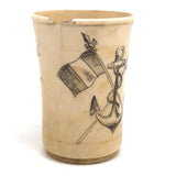 19th C. Scrimshawed Bone Cup, Anchor and Flags