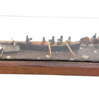 Arctic Boats with Carved Figures and Moss Covered Shore, C. 1920s-30s Diorama in Handmade Wood and Glass Vitrine