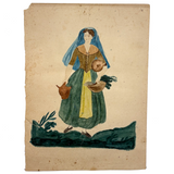 Woman with Jugs and Fish, Early 19th Century Watercolor Portrait