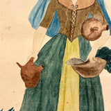 Woman with Jugs and Fish, Early 19th Century Watercolor Portrait
