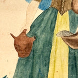 Woman with Jugs and Fish, Early 19th Century Watercolor Portrait