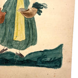 Woman with Jugs and Fish, Early 19th Century Watercolor Portrait