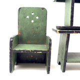 Table, Arm Chairs, Bench, Shelf: Handmade Miniature Furniture Five Piece Set, c. 1920s
