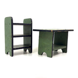 Table, Arm Chairs, Bench, Shelf: Handmade Miniature Furniture Five Piece Set, c. 1920s