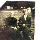 Young Man and Old Woman on Park Bench with Amazing Faces, Antique Sixth Plate Tintype
