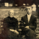 Young Man and Old Woman on Park Bench with Amazing Faces, Antique Sixth Plate Tintype