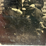 Young Man and Old Woman on Park Bench with Amazing Faces, Antique Sixth Plate Tintype